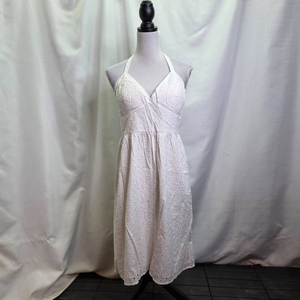 AGB White Cotton Eyelet Halter Neck Midi Summer Dress Size 10